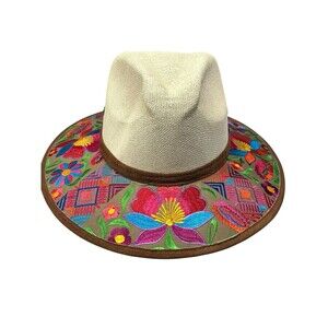 Handmade Mexican Embroidered Wide Brim Hat Medium | Colorful Boho Festival